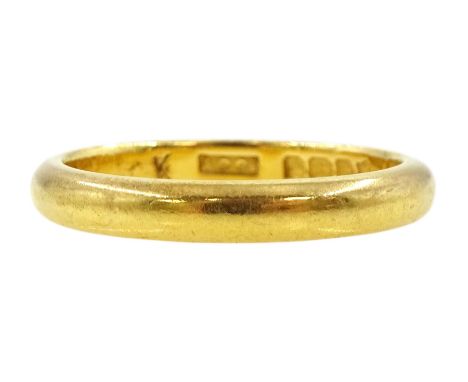 Early 20th century 22ct gold wedding band, Birmingham 1933Condition Report:Approx 3.75gm, size J-K, band depth = 2.8mm, few l