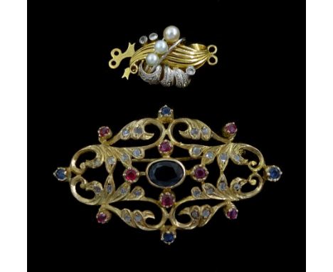 Gold sapphire, diamond and ruby brooch and an 18ct gold pearl and paste stone set necklace claspCondition Report:Brooch teste