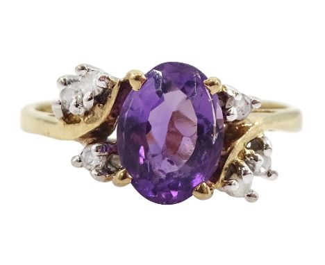 9ct gold oval cut amethyst and round brilliant cut diamond ring, hallmarkedCondition Report:Approx 2gm, size K, good conditio