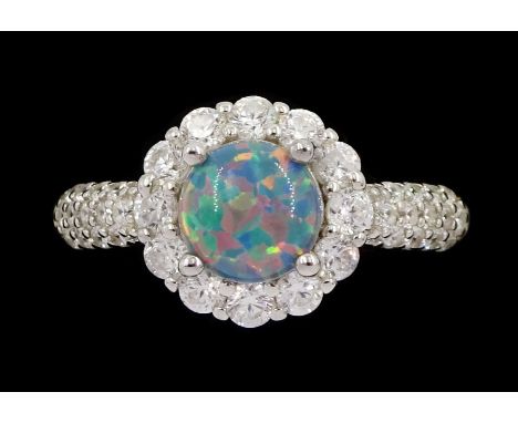 Silver opal and cubic zirconia cluster ring, with cubic zirconia set shoulders, stamped 925Condition Report:Size P-Q,  good c