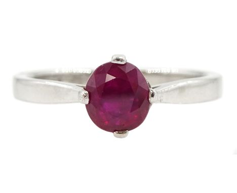 Platinum single stone round cut ruby ring, hallmarked, ruby approx 1.00 caratCondition Report:Approx 3.8gm, size L-M, very go