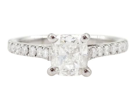 18ct white gold single stone cushion cut diamond ring, with diamond set shoulders, hallmarked, principal diamond approx 1.00 