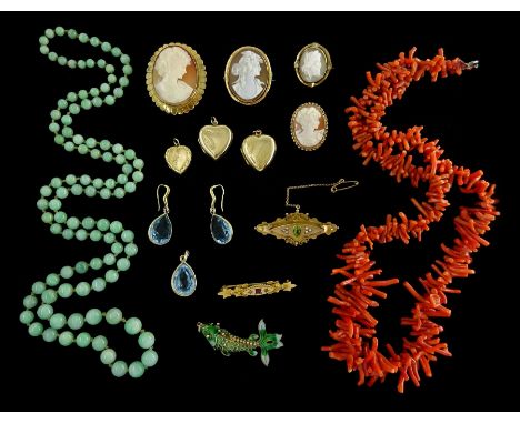 Edwardian and later jewellery including gold peridot and seed pearl brooch, three gold cameo brooches and a gold garnet and d