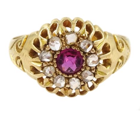 Edwardian 18ct gold ruby and diamond chip cluster ring, Chester 1908Condition Report:Approx 2.4gm, size H, head diameter = 10