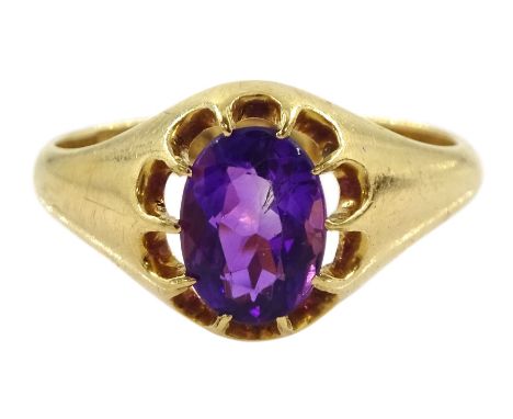 Early 20th century 18ct gold single stone amethyst ring, Chester 1923Condition Report:Approx 3.7gm, size L-M, a few very ligh