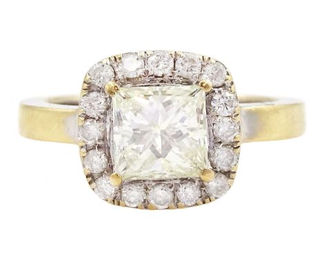18ct gold diamond cluster ring, the central princess cut light yellow diamond of approx 1.00 carat, with round brilliant cut 