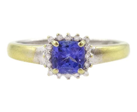 18ct gold cushion cut tanzanite and diamond cluster ring, hallmarkedCondition Report:Approx 2.65gm, size O-P, head diameter =