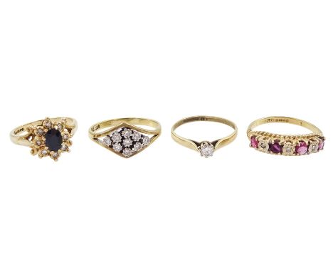 Four 9ct gold rings including single stone diamond, ruby and diamond half eternity, sapphire and diamond cluster and diamond 