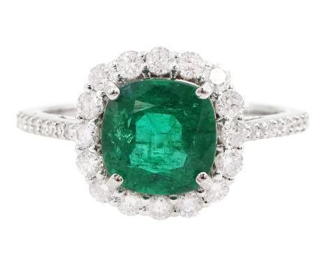 18ct white gold cushion cut emerald and round brilliant cut diamond cluster ring, stamped 750, emerald approx 1.85 carat, tot