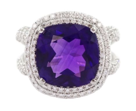 Damas 18ct white gold amethyst and diamond Vera ring, the central square cushion cut amethyst of 6.28 carat, with round brill