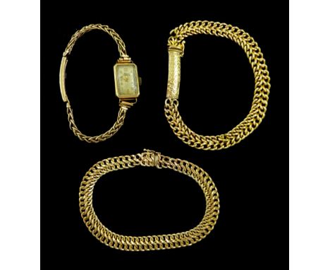 Two 9ct gold link bracelets and an Elco ladies 9ct gold manual wind wristwatch, on 9ct gold bracelet, all hallmarkedCondition