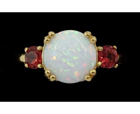 Silver-gilt three stone opal and garnet ring, stamped 925Condition Report:Size J, good condition