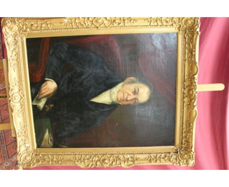 Victorian English School oil on canvas - portrait of a gentleman seated at a desk, in gilt frame, 90cm x 70cm