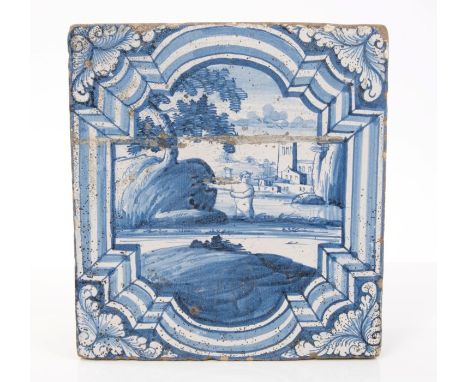 17th / 18th century Italian blue and white Majolica tile - possibly for pill-cutting, painted with bather within architectura