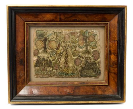 Rare 17th century stumpwork panel centred by a female figure in a landscape with buildings, fruiting trees and insects, panel