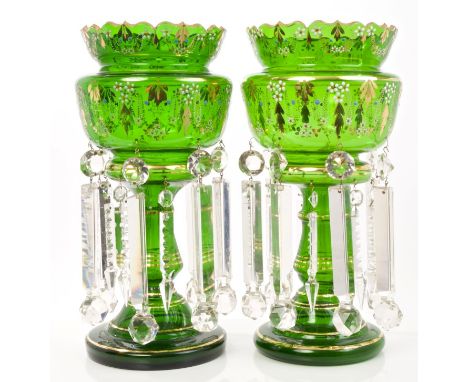 Pair impressive Victorian Bohemian green glass lustres with gilt and enamel floral sprays and prismatic drops under original 