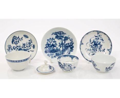 18th century Worcester blue and white tea bowl and saucer with printed Chinese fence and building decoration, another tea bow