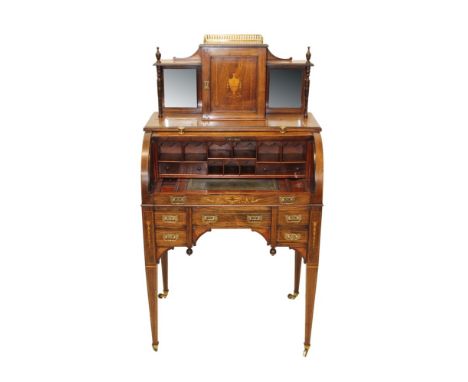 Fine quality Edwardian rosewood and parquetry inlaid cylinder writing desk with brass galleried superstructure centred by vas