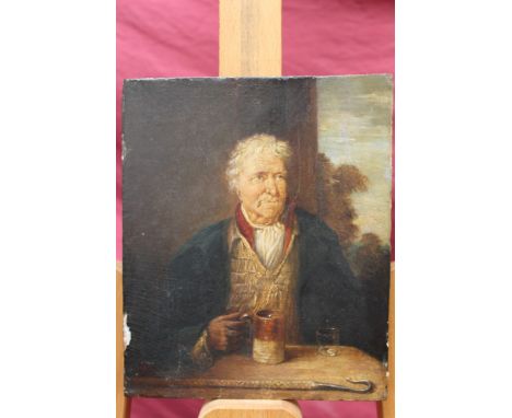 19th century English School oil on panel - portrait of a shepherd with a tankard, unframed, 22.5cm x 18.5cm