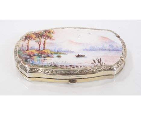 1930s silver powder compact of shaped rectangular form, with engine-turned decoration and hinged cover with inset enamel pane