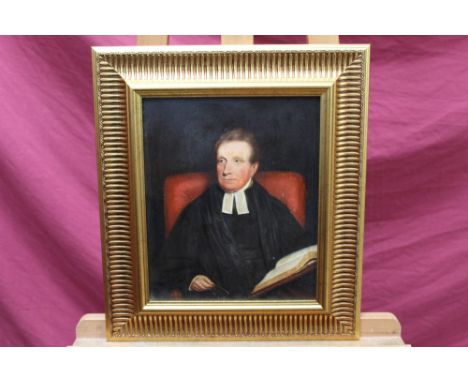 19th century English School oil on board - portrait of a seated clergyman with Bible, in gilt frame, 29cm x 24cm