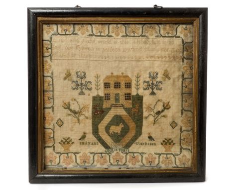 Emily Ann Clark, aged 10 years 1862 Victorian needlework sampler with religious verse above brick house and scattered motifs 