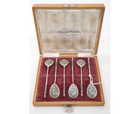 Set of six Imperial Russian silver gilt and cloisonné enamelled spoons with teardrop bowls and twisted stems, in original fit