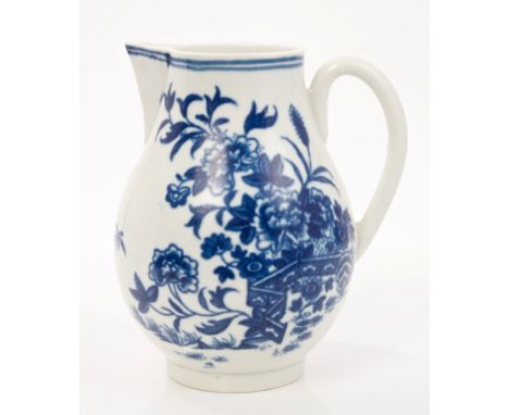18th century Worcester blue and white sparrow beak milk jug with printed Chinese fence and floral decoration - blue crescent 