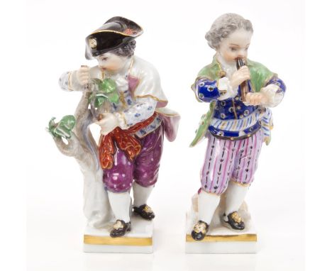Pair late 19th century Meissen porcelain figures of a boy playing a flute and a gardener taking cuttings, with polychrome pai