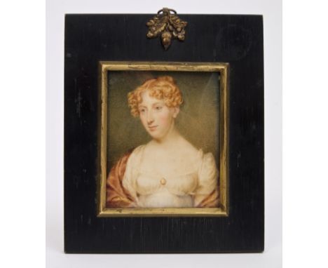 William John Thomson (1771 - 1845), miniature watercolour on ivory - portrait of a lady in empire-line dress and red cloak, i