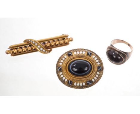 George III mourning ring with a later oval cabochon garnet, inscription dated 1800.  Ring size M, Victorian banded agate and 