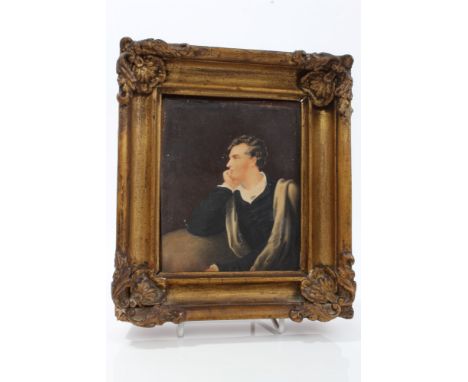 19th century watercolour portrait miniature of Lord Byron, after the portrait by Richard Westall, 14cm x 11cm, in glazed fram