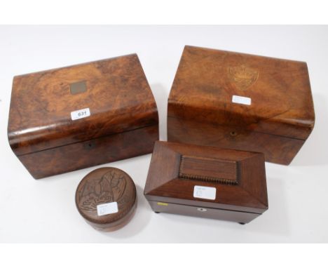 Victorian burr walnut workbox, the hinged cover centred by inlaid heraldic shield, 30cm wide, together with another burr waln