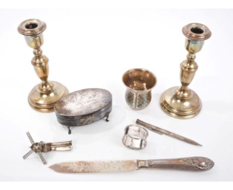 Selection of miscellaneous silver and white metal - including pair silver candlesticks (Birmingham 1971), silver trinket box 