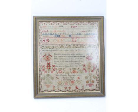 Early Victorian needlework sampler by Eliza Goodey, September 22, 1846, Aged 7 years, with central verse below alphabet and g
