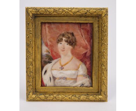 English School, circa 1820, miniature watercolour on ivory - half-length portrait of a woman in white dress and ermine stole,