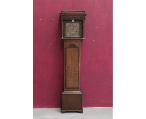 18th century longcase clock with eight day movement, 10 inch brass dial with face mask spandrels, matted centre, silvered cha