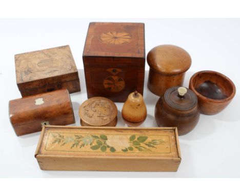 Collection of treen boxes - to include George III mahogany and parquetry inlaid square tea caddy, pear-form box, burr walnut 