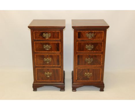 Pair of Edwardian mahogany and satinwood banded bedside chests, each with bank of four graduated drawers, on bracket feet, 49