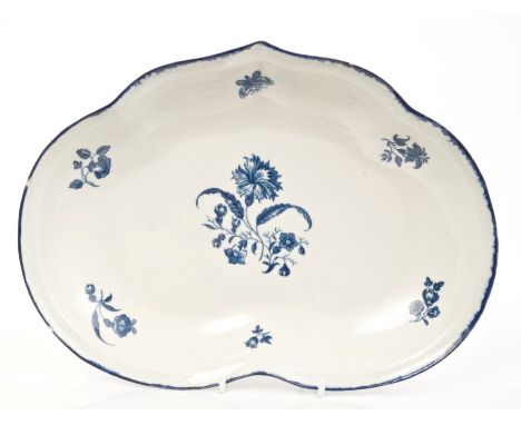 18th century Worcester blue and white kidney-shaped dish with printed floral spray decoration, moulded basket-weave border - 