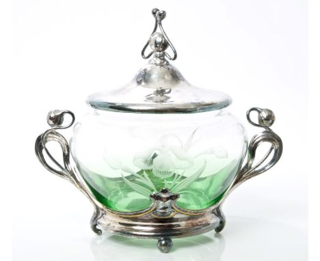 Early 20th century WMF mounted etched green glass sugar bowl of circular form, with twin Art Deco-style floral handles and do