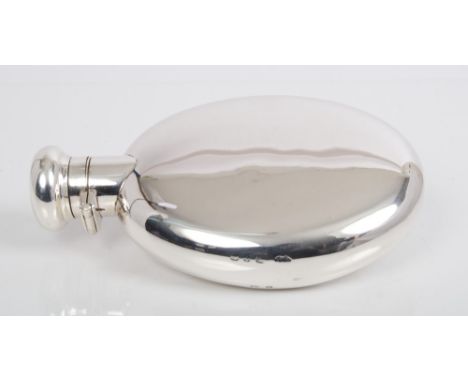 Late Victorian silver spirit flask of oval form, with hinged bayonet fitting cap (Birmingham 1897), Deakin & Francis Ltd.  Al