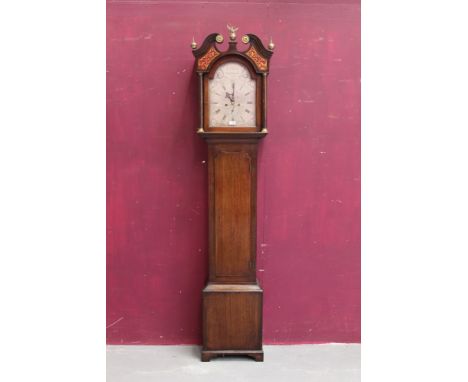 Early 18th century Scottish longcase clock with eight day movement, silvered one piece break arch dial, with engraved eagle's