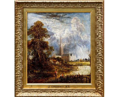 After John Constable, Joseph Paul (1804 - 1887), oil on canvas - a view of Salisbury Cathedral, in gilt frame, 35cm x 29cm