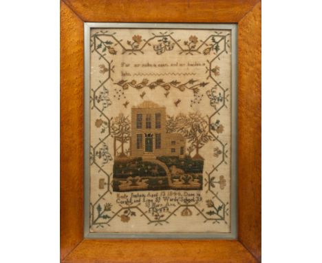 Early Victorian needlework sampler by 'Emily Ingham, Aged 13, 1844, Done in Cornhill and Lime St. Wards School, 39 St. Mary A