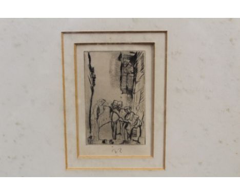 Frank Brangwyn (1867 - 1956), five black and white etchings - figures gathered in a street, 9.5cm x 6.5cm, portrait of a man,