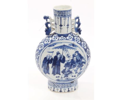 19th century Chinese blue and white moon flask with pierced handles and figure and floral decoration, 21.5cm   CONDITION REPO