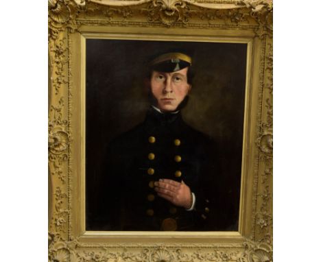 Victorian English School oil on canvas - portrait of a Merchant Navy Officer, in gilt frame, 78cm x 52.5cm