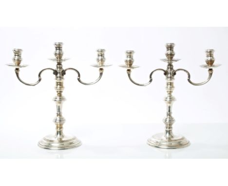 Pair contemporary silver 18th century-style candelabra of small proportions, each with detachable twin branches and three can