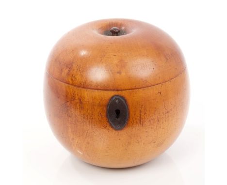 Rare George III fruitwood tea caddy in the form of an apple, the hinged cover with carved stalk and zinc-lined interior and i